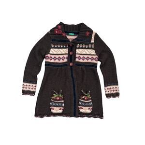 United Colors of Benetton Girls Brown Knit Cardigan Velvet Trim Sequin Size 7/8
